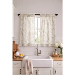 JINCHAN Floral Kitchen Curtain Panels 36” Beige GreenFloral Linen Farmhouse Set